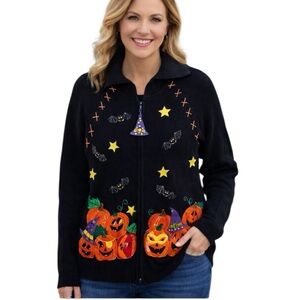 Halloween Teacher Sweater Zip Up Cardigan M Black Embroidered Pumpkins & Bats
Y